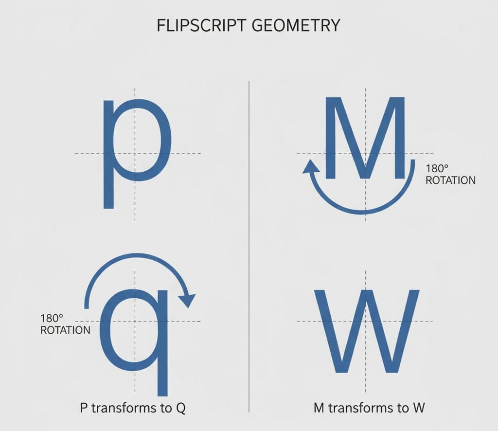 Diagram illustrating the letter-pairing required for a flipscript ambigram, such as 'p' transforming into 'q'