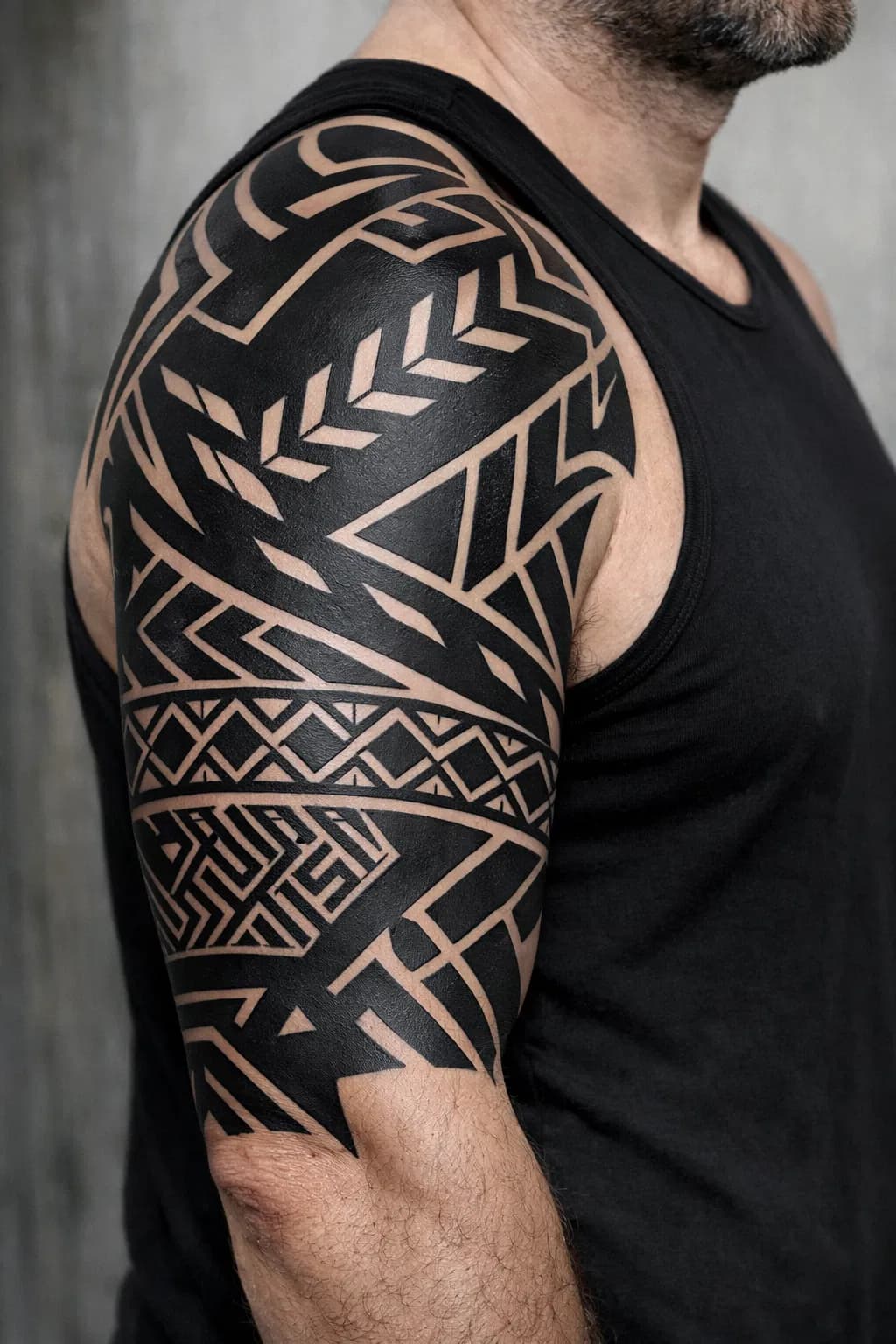 Tribal blackout refresh cover-up tattoo with modern blackwork