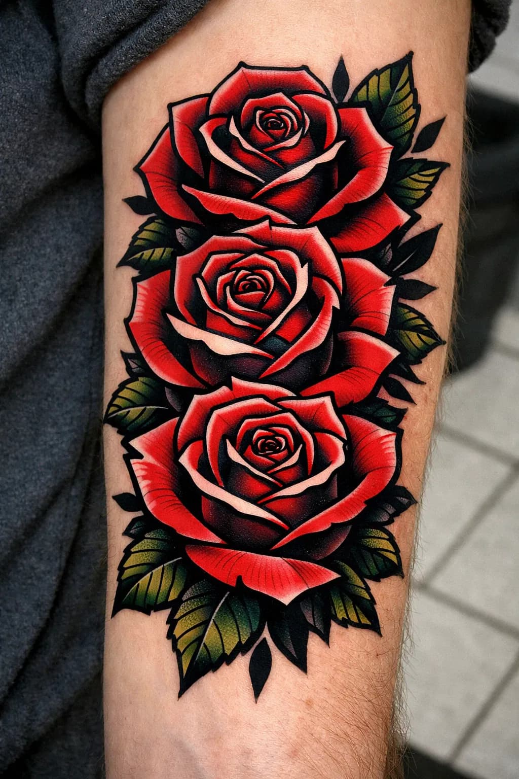 Neo-traditional rose cluster cover-up tattoo with bold outlines