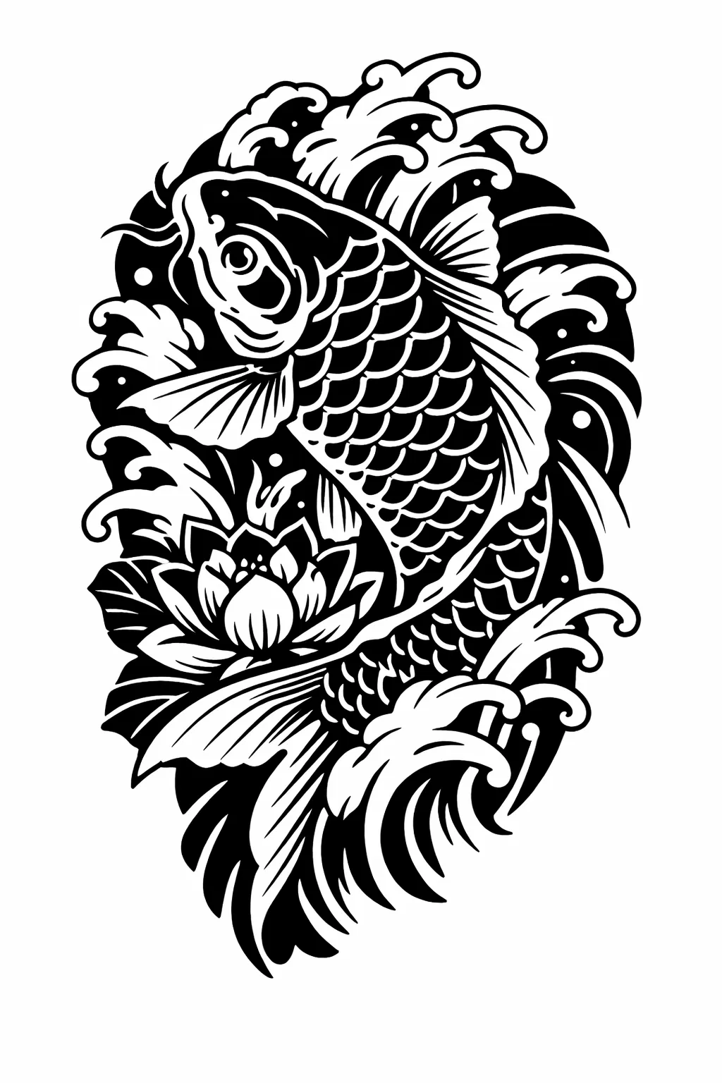 Japanese koi fish blackwork cover-up tattoo with wave patterns