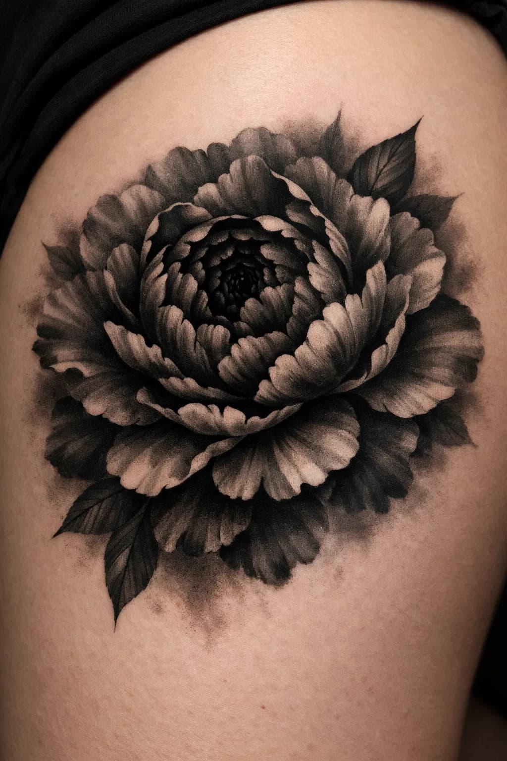Dark peony cover-up tattoo with oversized bloom composition