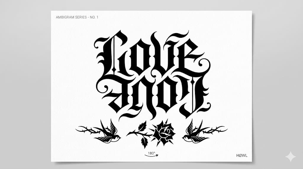 Classic ambigram love pain tattoo design optical illusion