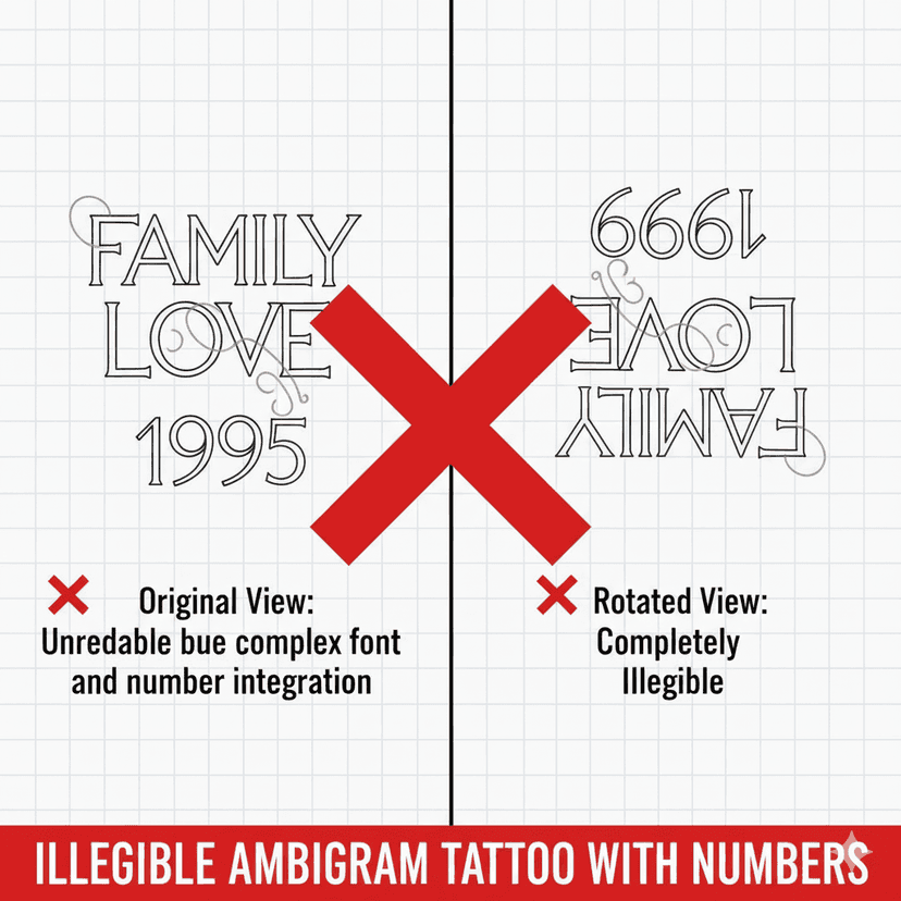 Exemple où les nombres dans un design de tatouage à deux mots deviennent illisibles