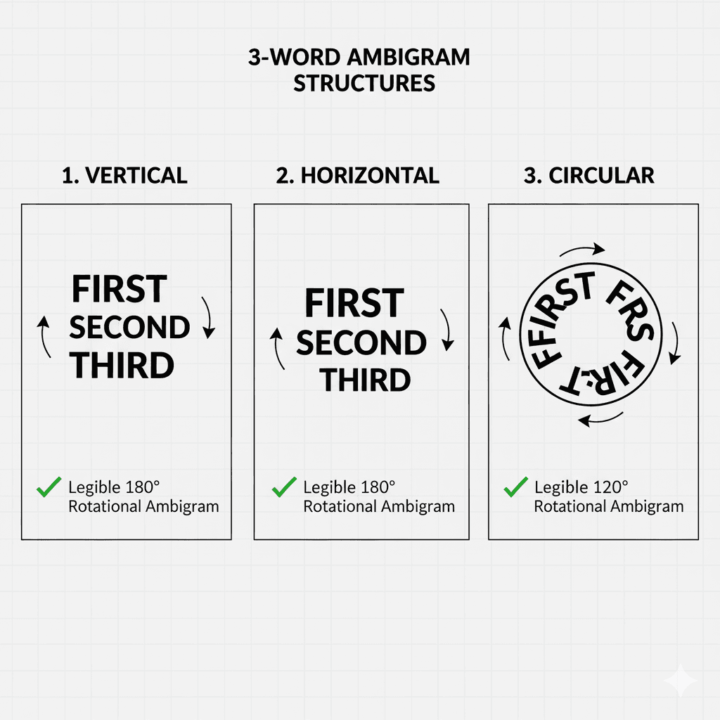An illustration demonstrating how shifting the rotation center point dramatically impacts the clarity and legibility of a two-word ambigram.