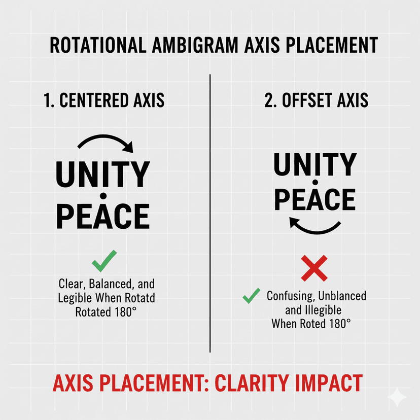 Guide montrant comment le placement de l'axe de rotation affecte la clarté de l'ambigramme à deux mots