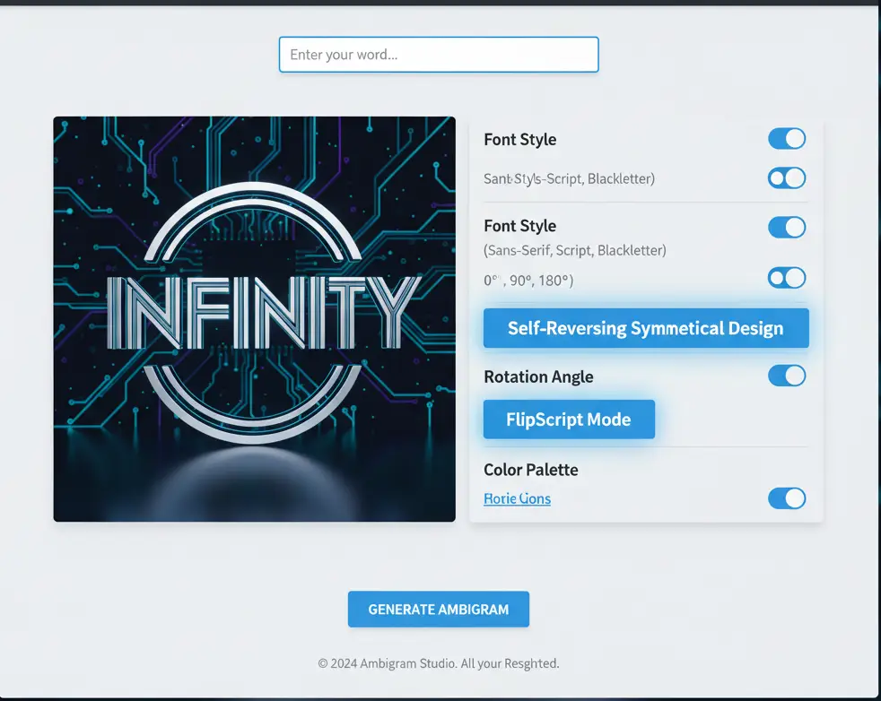Capture d'écran de l'interface du générateur d'ambigramme avec l'option FlipScript mise en évidence
