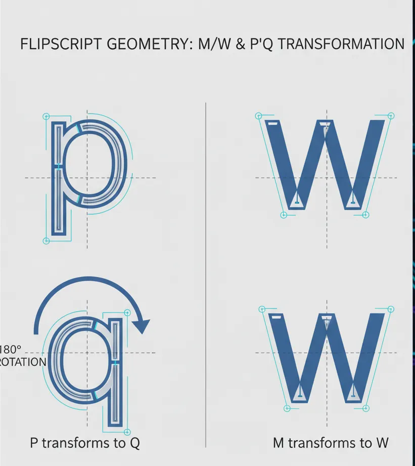 Exemple visuel de paires de lettres M/W et p/q se transformant parfaitement en mode FlipScript