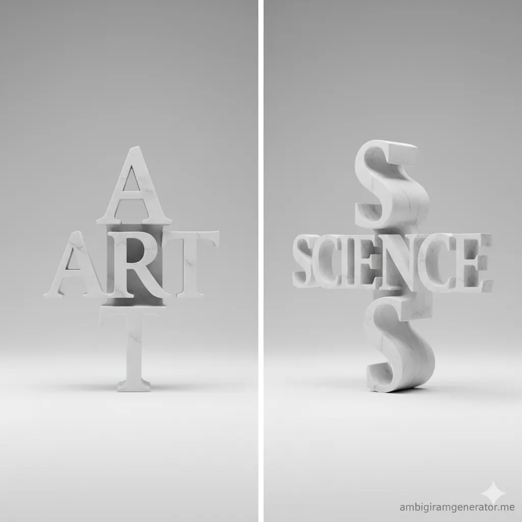 3D ambigram design example of a white marble sculpture that reads 'ART' from the front and transforms into 'SCIENCE' when rotated 180 degrees.