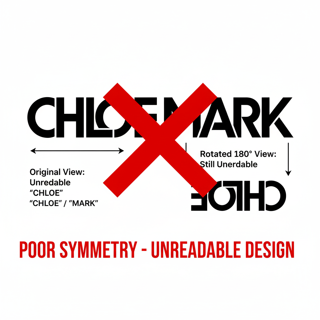 A visual representation highlighting poor letter-to-letter symmetry in a dual ambigram, showing how incompatible letters can lead to an unreadable or visually unappealing design.