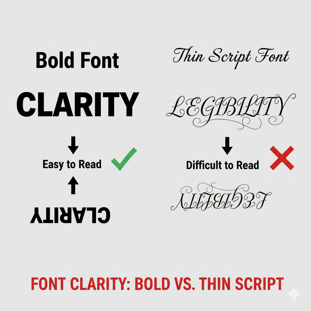 A visual comparison showing a bold, serif font ambigram next to a thin, script font ambigram after 180-degree rotation, highlighting legibility differences.