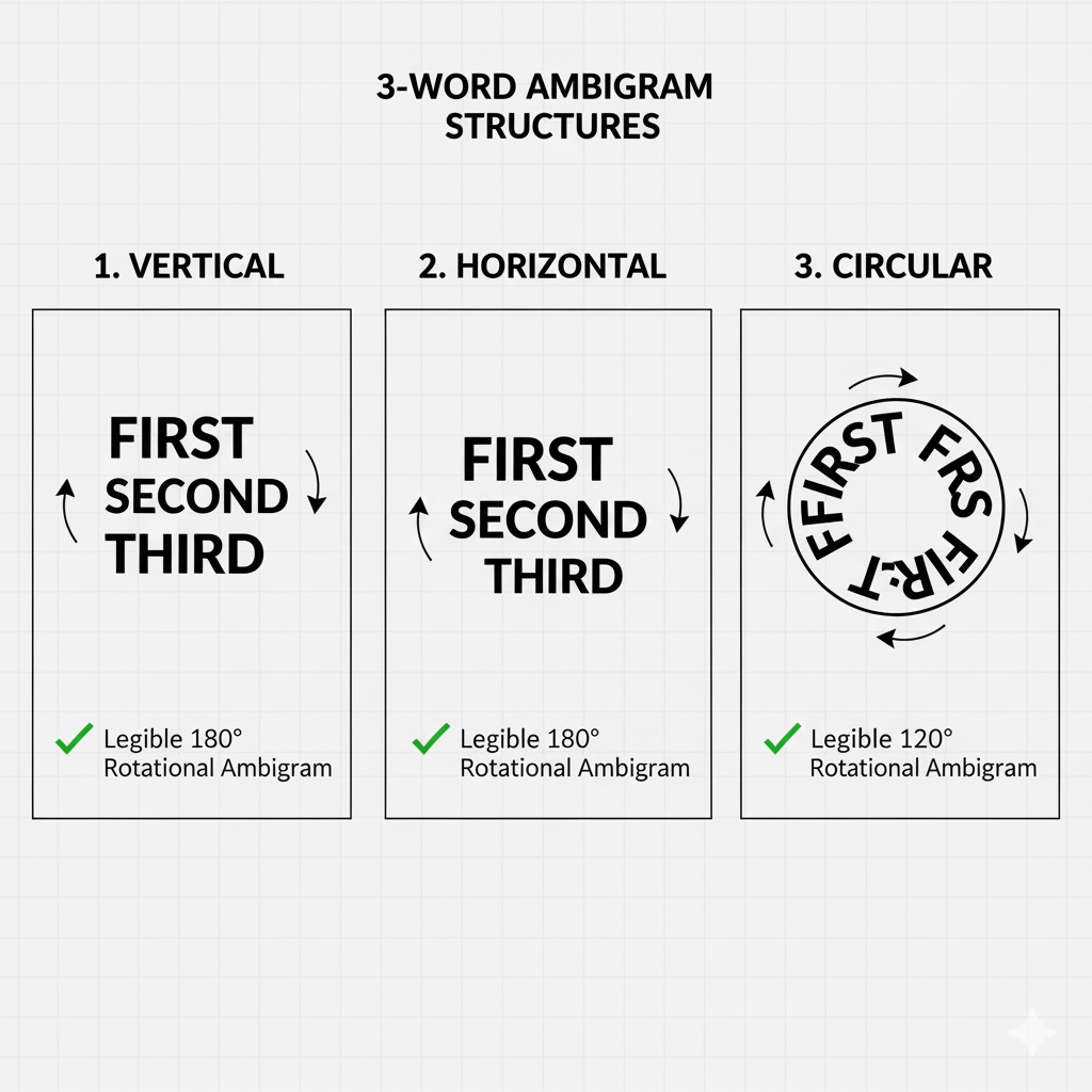 An illustration demonstrating how shifting the rotation center point dramatically impacts the clarity and legibility of a two-word ambigram.
