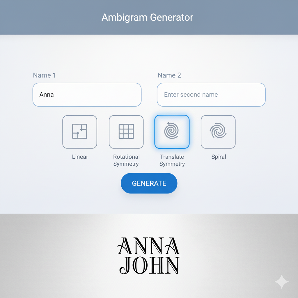 A screenshot of the Ambigram Generator interface showing input fields for Line 1 and Line 2, designed for two names.