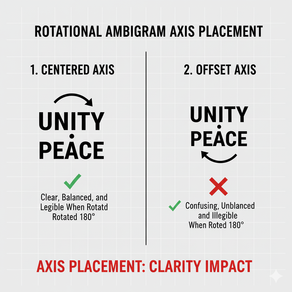 Guide showing how rotational axis placement affects two word ambigram clarity