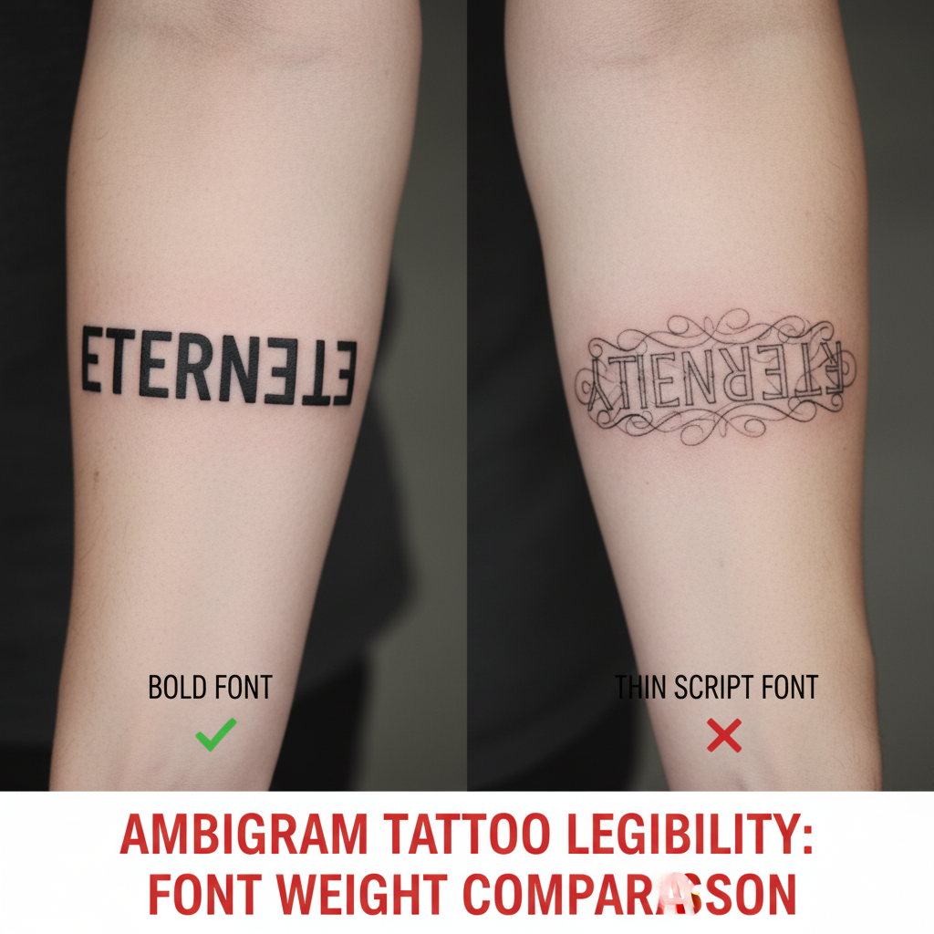 Side-by-side comparison of thick-stroke ambigram vs thin strokes